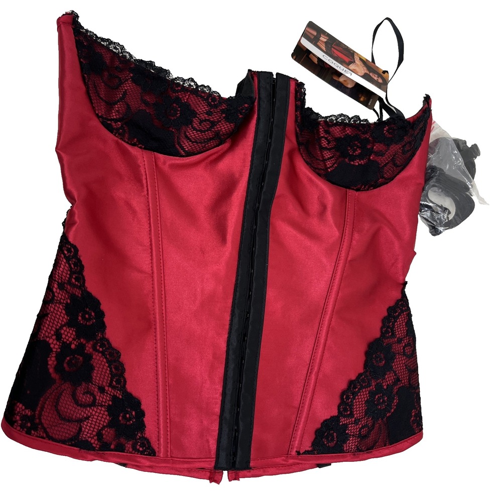 Coquette Women's Corset Bustier NWT Size L Red Black Low Cut Lace-Up Back